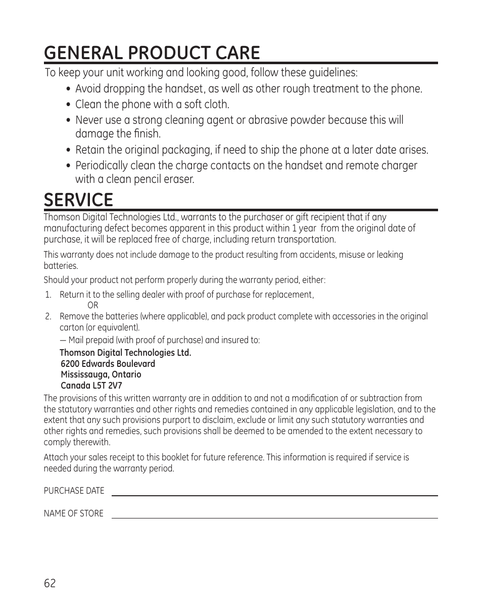 General product care, Service | GE DECT6.0 28128 User Manual | Page 62 / 66