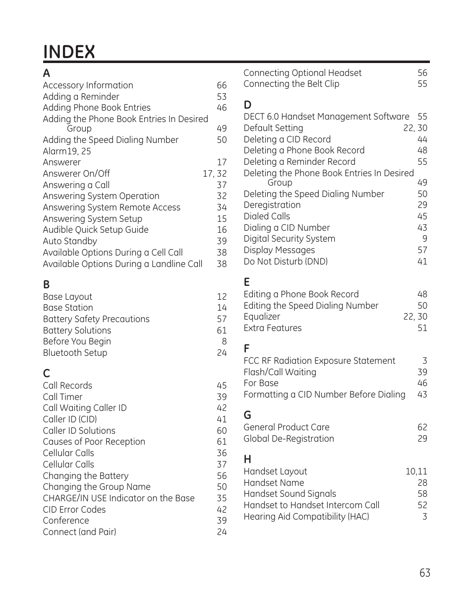 Index, 6 a | GE DECT6.0 28128 User Manual | Page 63 / 66