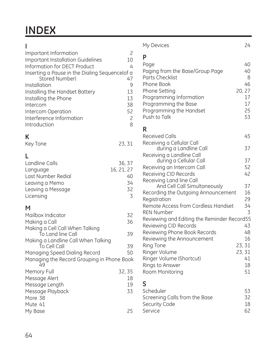 Index | GE DECT6.0 28128 User Manual | Page 64 / 66