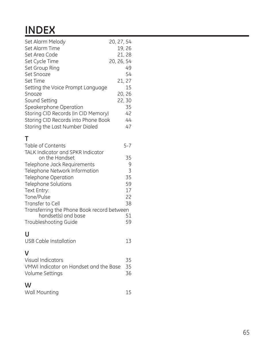 Index | GE DECT6.0 28128 User Manual | Page 65 / 66