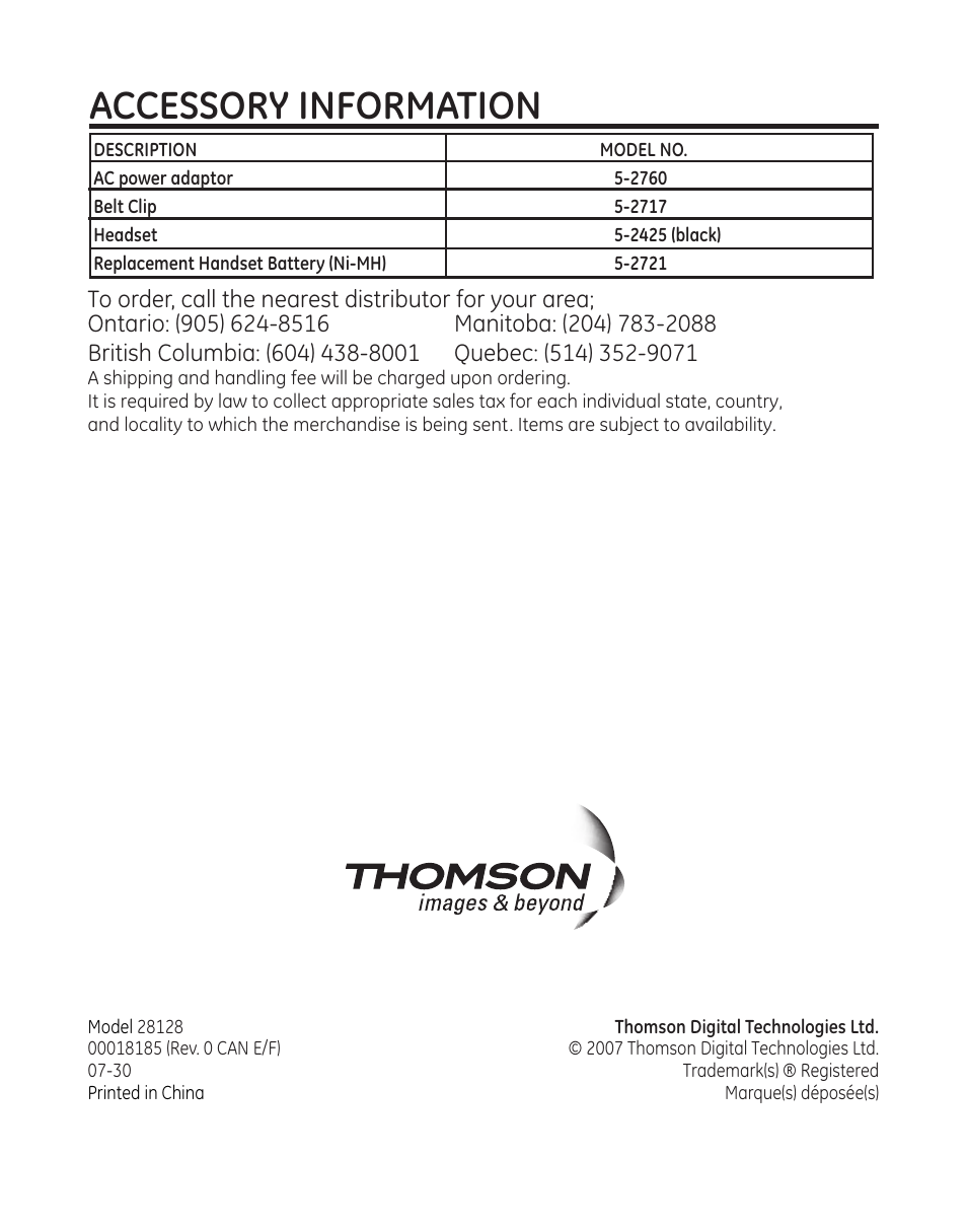 Accessory information | GE DECT6.0 28128 User Manual | Page 66 / 66