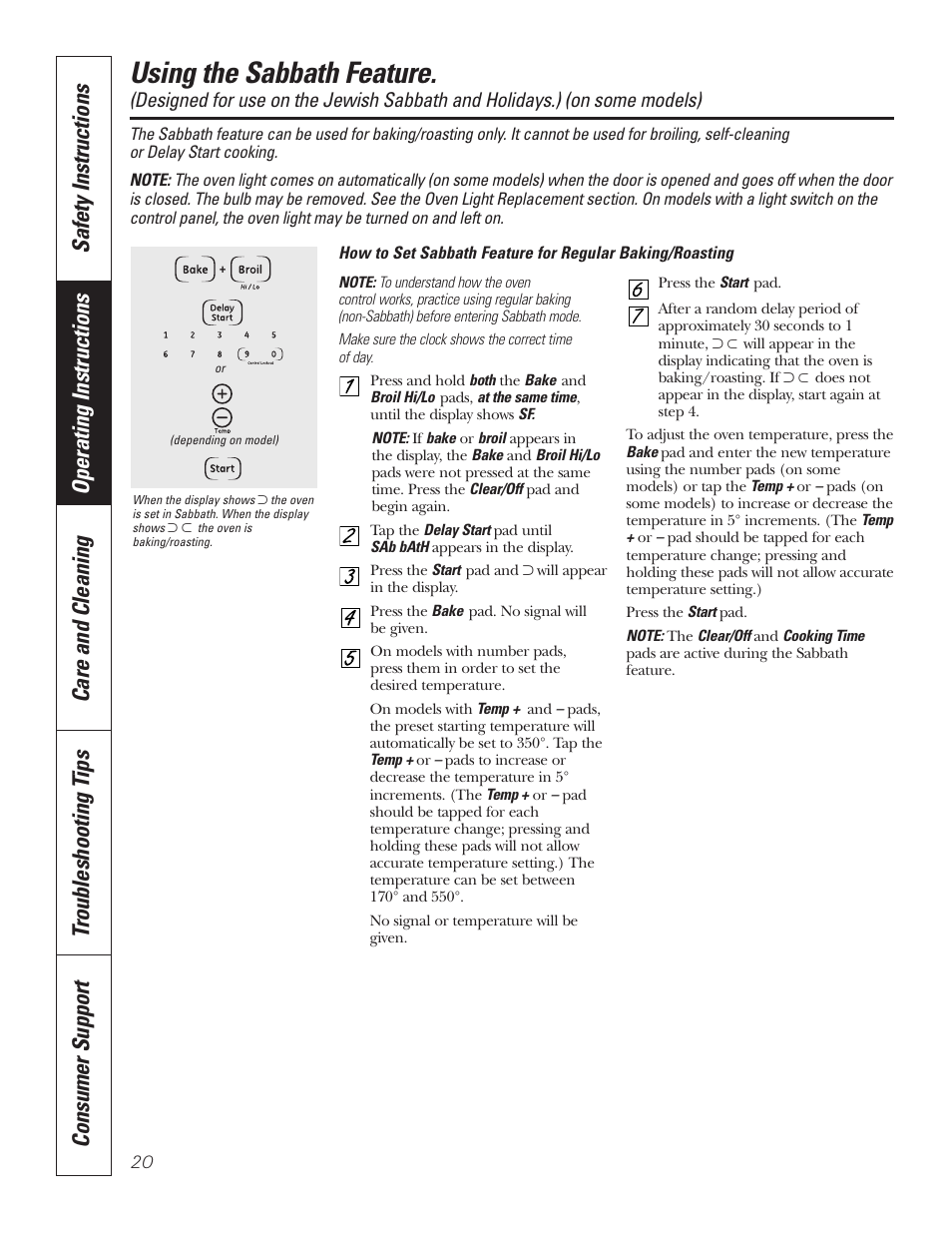 Sabbath feature, Sabbath feature , 21, Using the sabbath feature | GE JKP7027 User Manual | Page 20 / 64