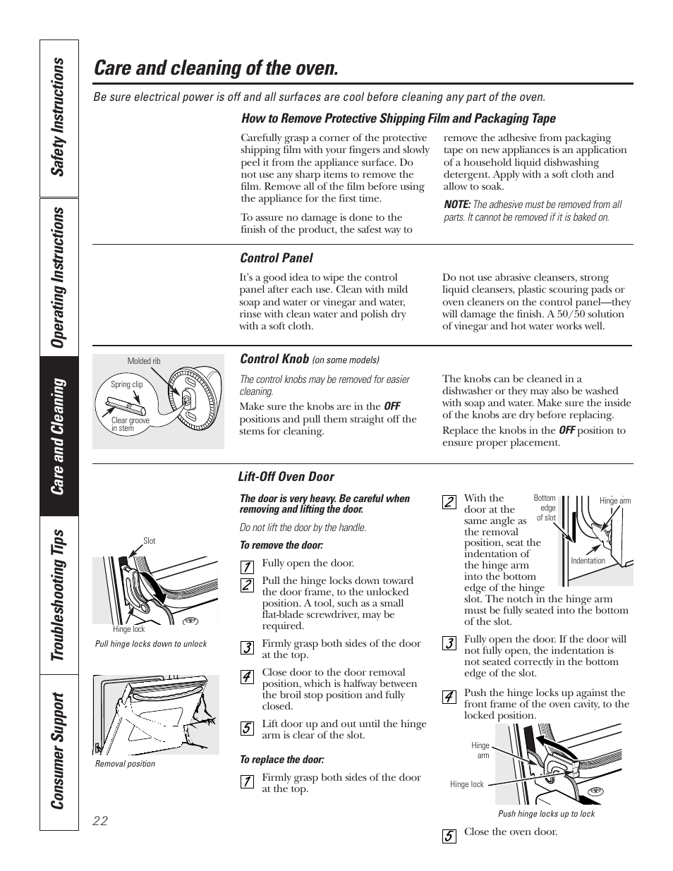 Control panel, Knob, Lift-off oven door | Packaging tape, Knob lift-off oven door , 23, Care and cleaning of the oven | GE JKP7027 User Manual | Page 22 / 64