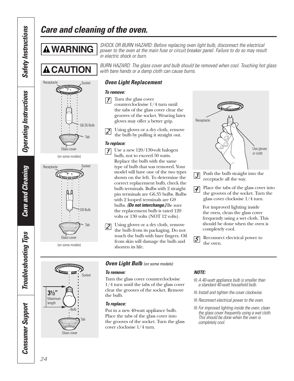 Light bulb, Care and cleaning of the oven, Warning | Caution | GE JKP7027 User Manual | Page 24 / 64