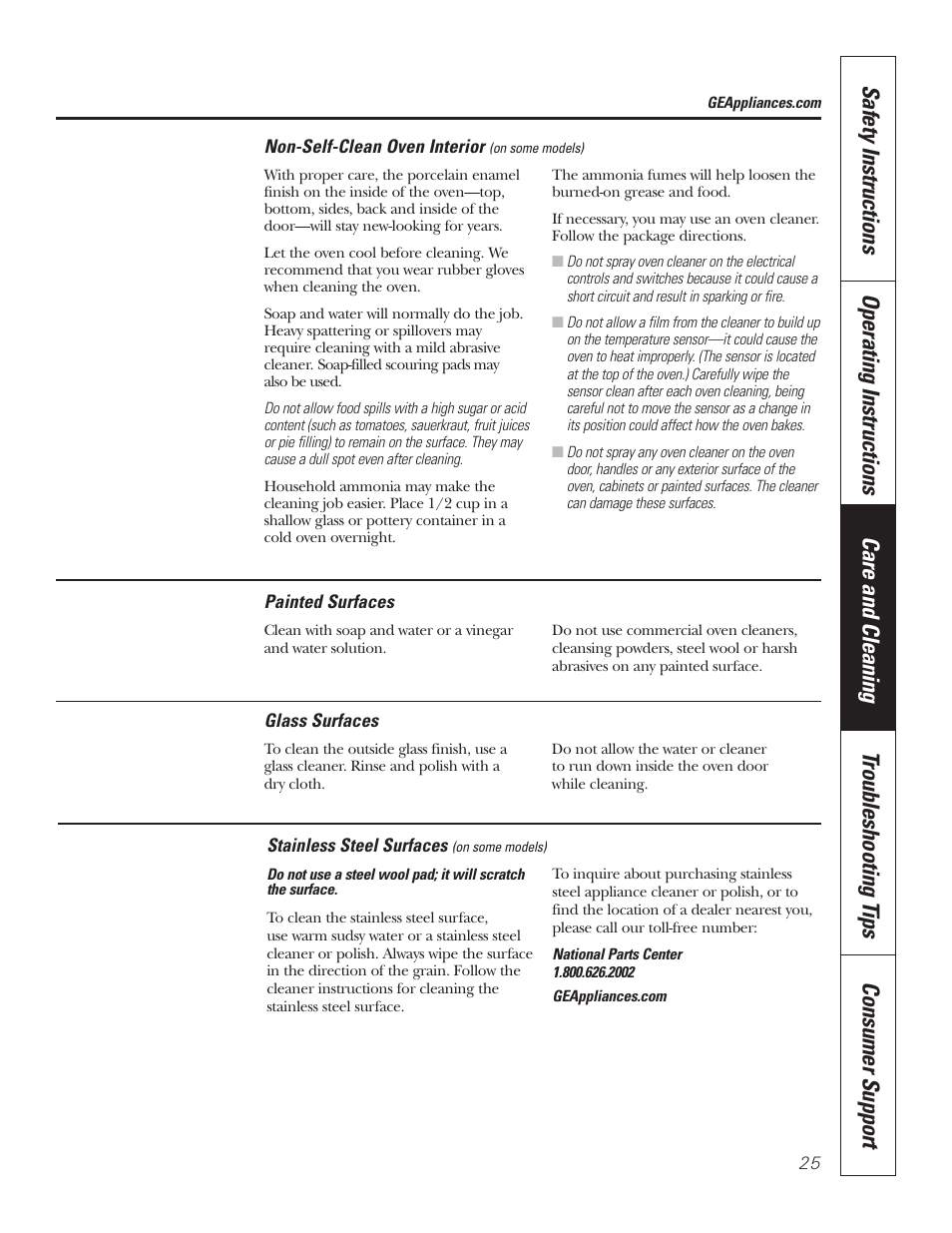 Glass surfaces, Oven interior, Painted surfaces | Stainless steel surfaces | GE JKP7027 User Manual | Page 25 / 64