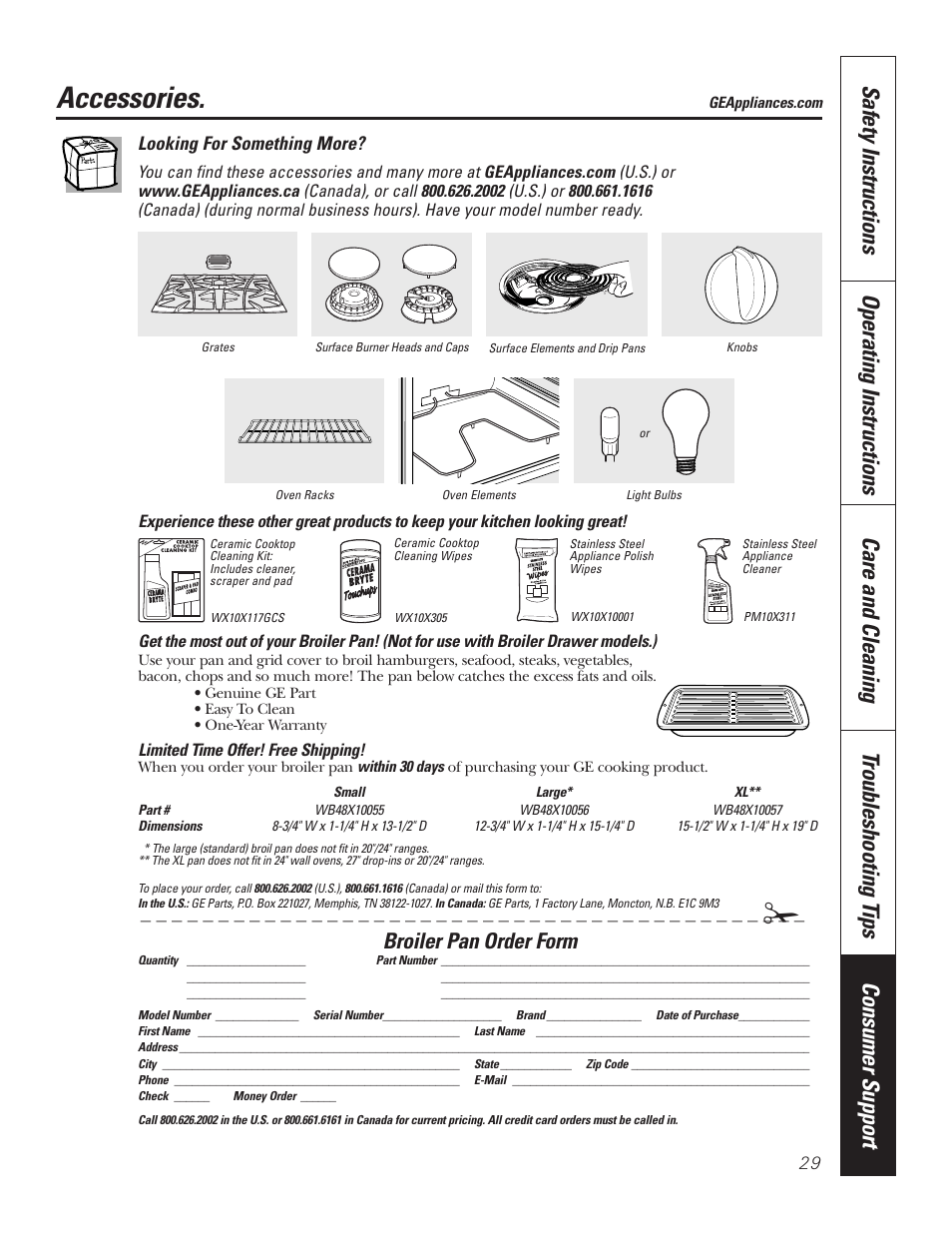 Accessories, Broiler pan order form | GE JKP7027 User Manual | Page 29 / 64
