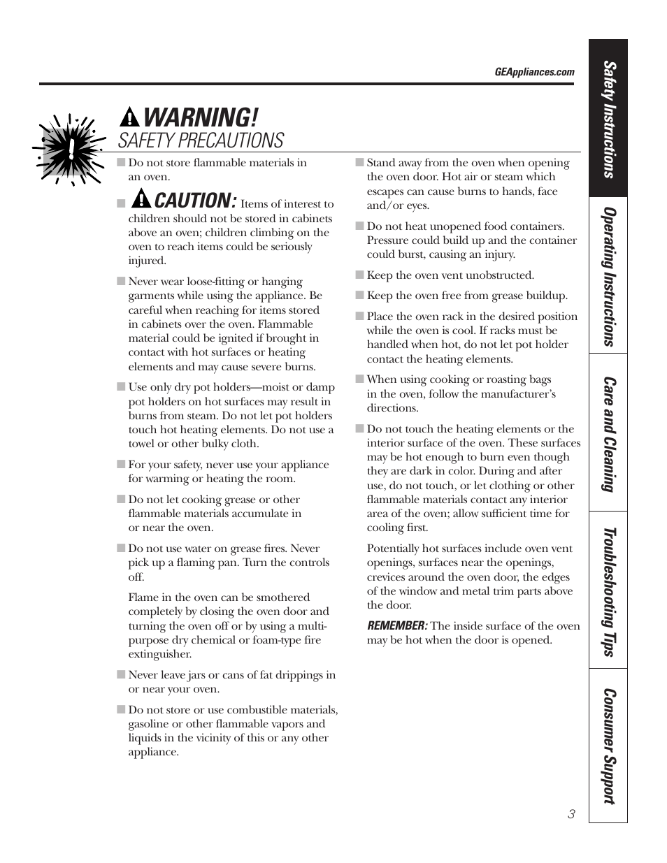 Warning, Caution, Safety precautions | GE JKP7027 User Manual | Page 3 / 64