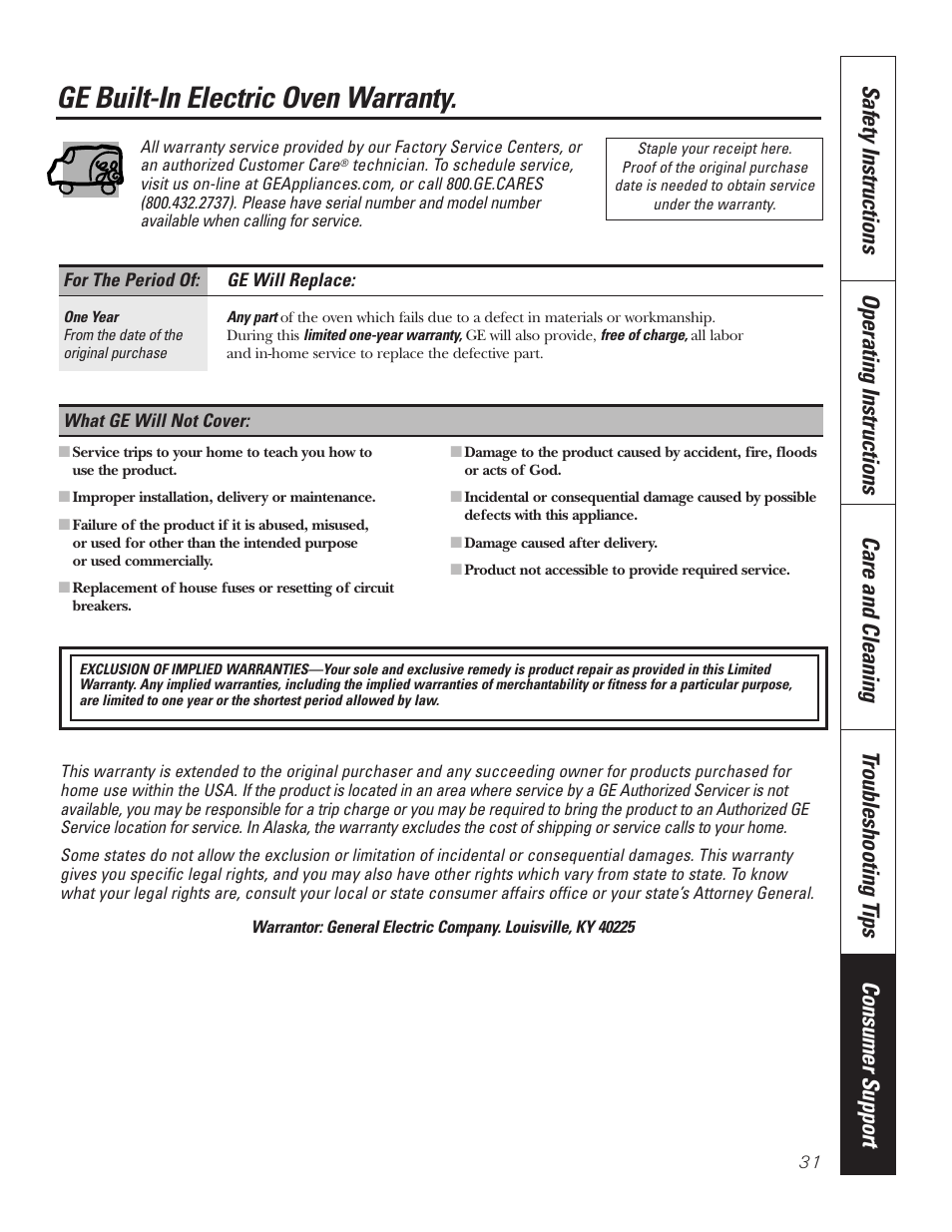 Warranty, Ge built-in electric oven warranty | GE JKP7027 User Manual | Page 31 / 64
