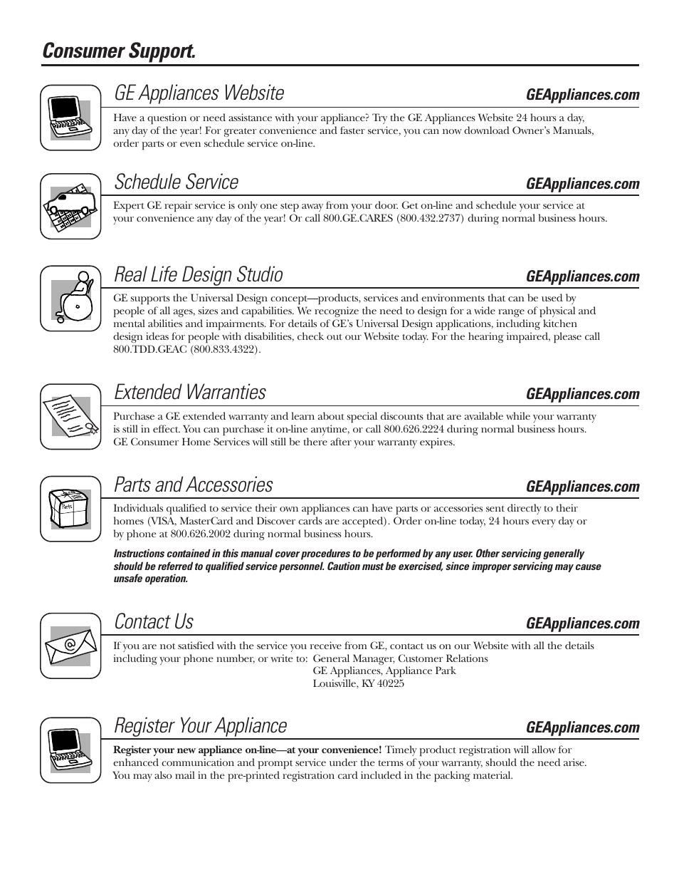 Consumer support, Consumer support. ge appliances website, Schedule service | Real life design studio, Extended warranties, Parts and accessories, Contact us, Register your appliance | GE JKP7027 User Manual | Page 32 / 64