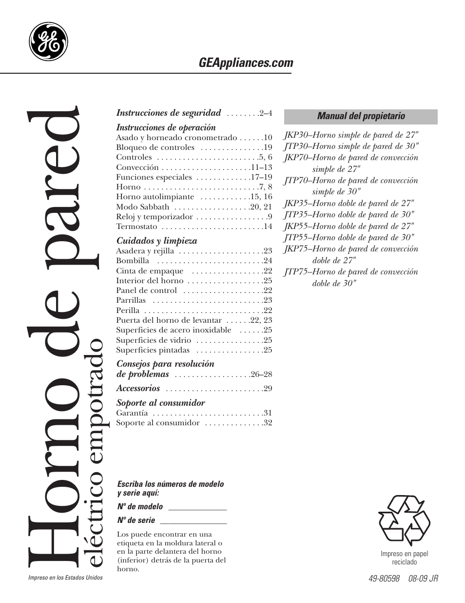 Español, Instrucciones de operación, Cuidados y limpieza | Soporte al consumidor, Horno de pared, Eléctrico empotrado | GE JKP7027 User Manual | Page 33 / 64