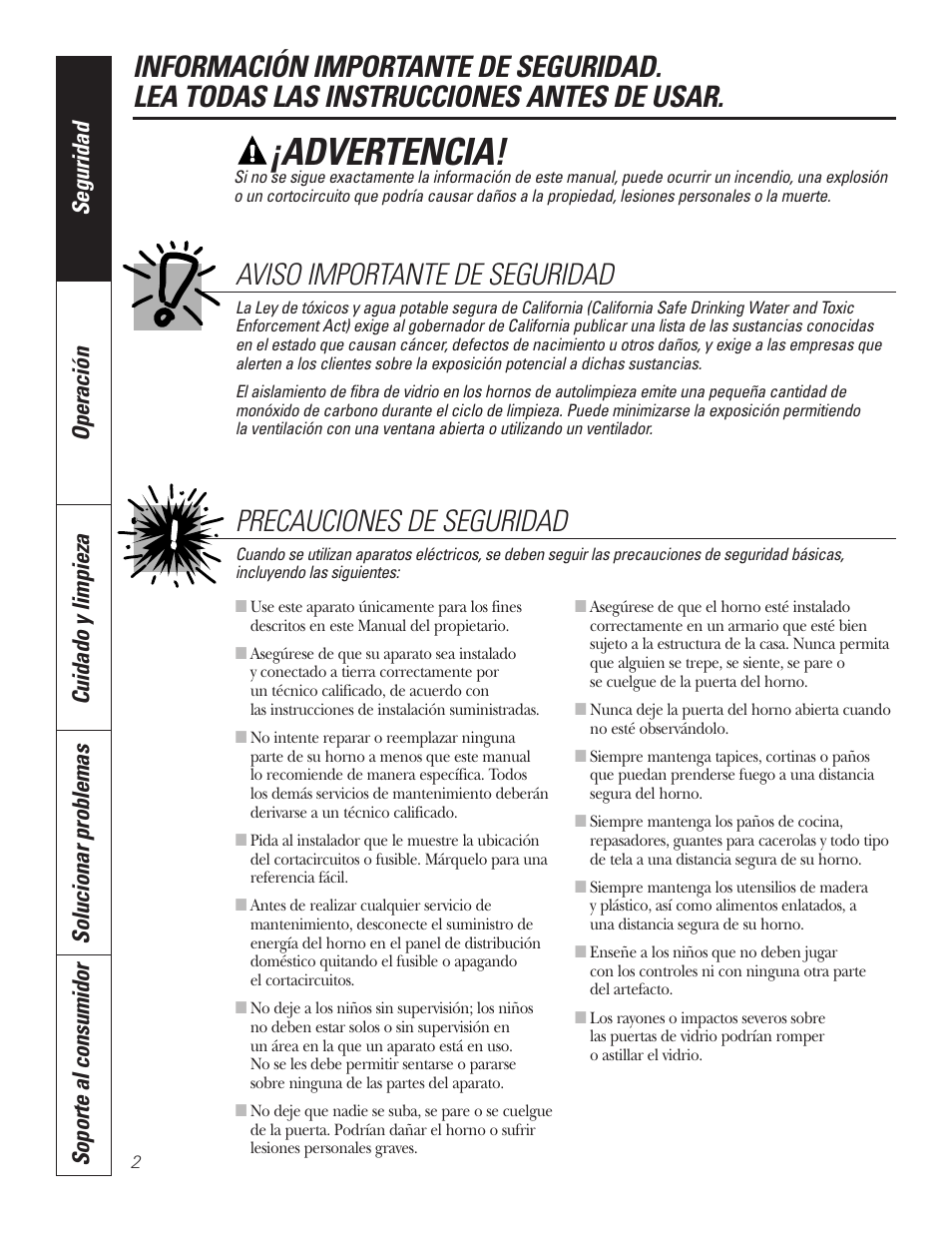 Instrucciones de seguridad, Advertencia, Precauciones de seguridad | Aviso importante de seguridad | GE JKP7027 User Manual | Page 34 / 64