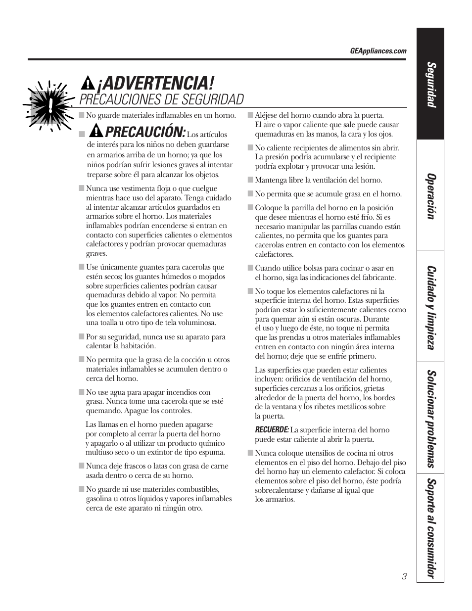 Advertencia, Precaución, Precauciones de seguridad | GE JKP7027 User Manual | Page 35 / 64