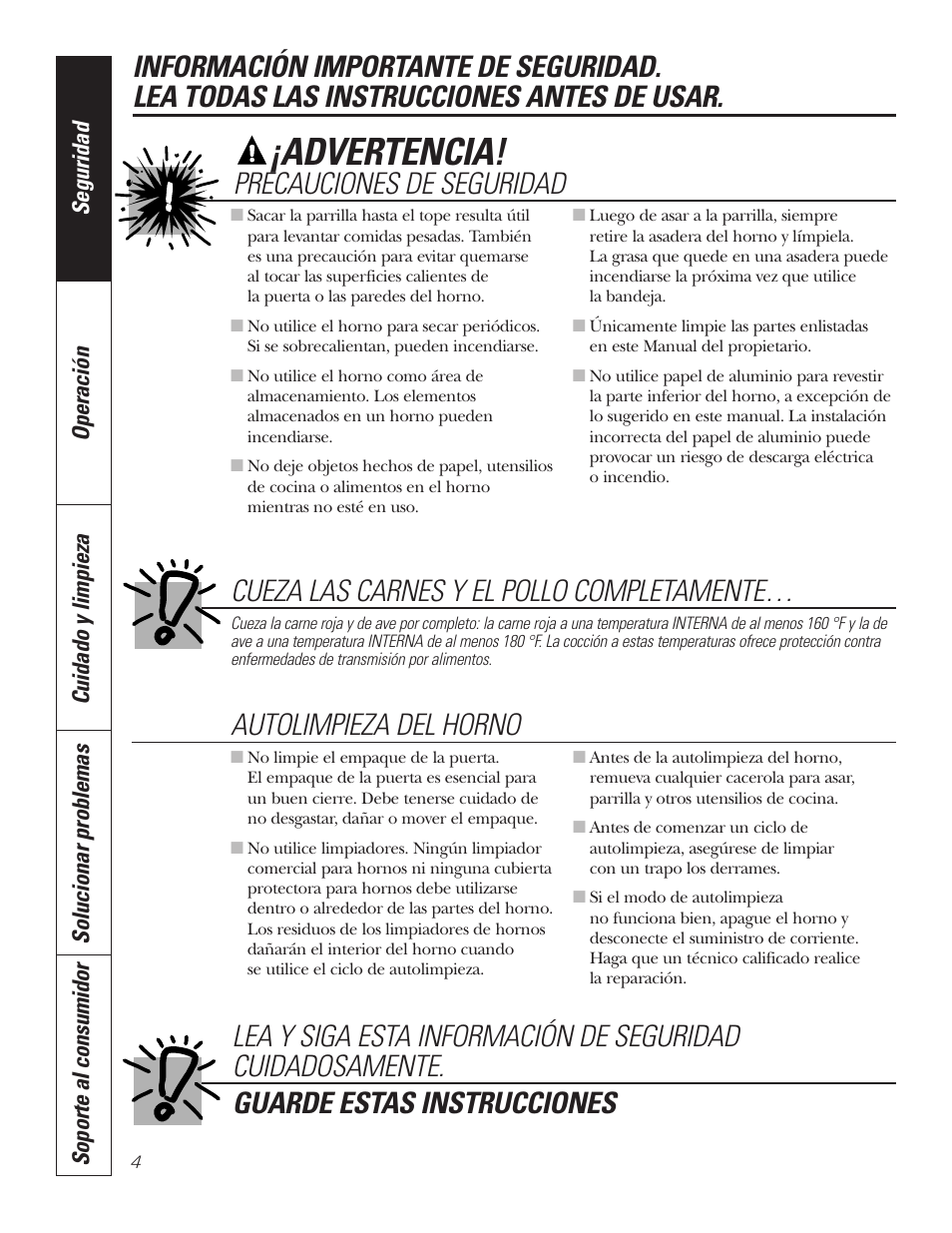 Advertencia, Precauciones de seguridad, Cueza las carnes y el pollo completamente | GE JKP7027 User Manual | Page 36 / 64