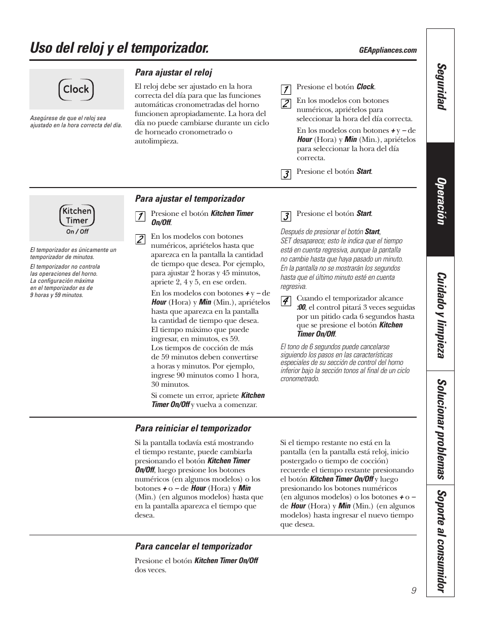 Reloj y temporizador, Uso del reloj y el temporizador | GE JKP7027 User Manual | Page 41 / 64