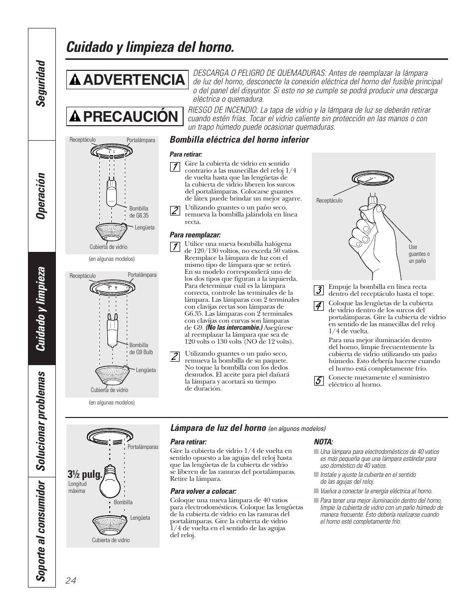 Bombilla, Cuidado y limpieza del horno, Advertencia | Precaución, Pulg | GE JKP7027 User Manual | Page 56 / 64