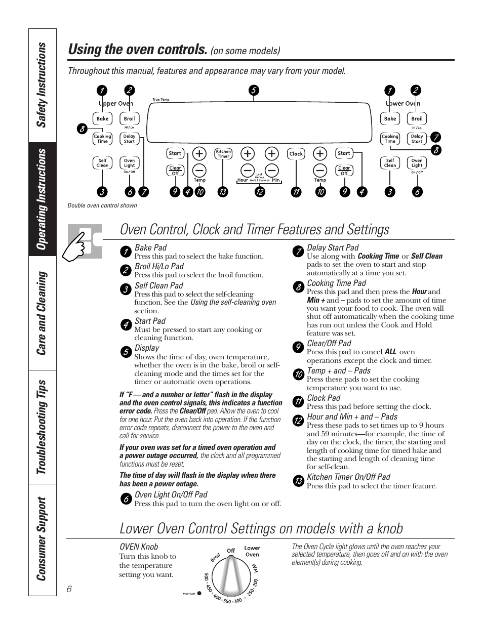 Using the oven controls, Lower oven control settings on models with a knob | GE JKP7027 User Manual | Page 6 / 64