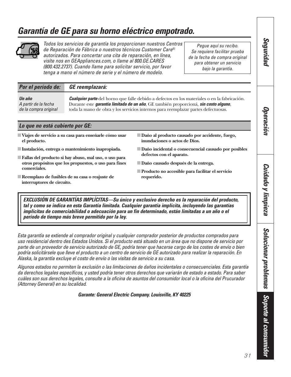 Garantía, Garantía de ge para su horno eléctrico empotrado | GE JKP7027 User Manual | Page 63 / 64