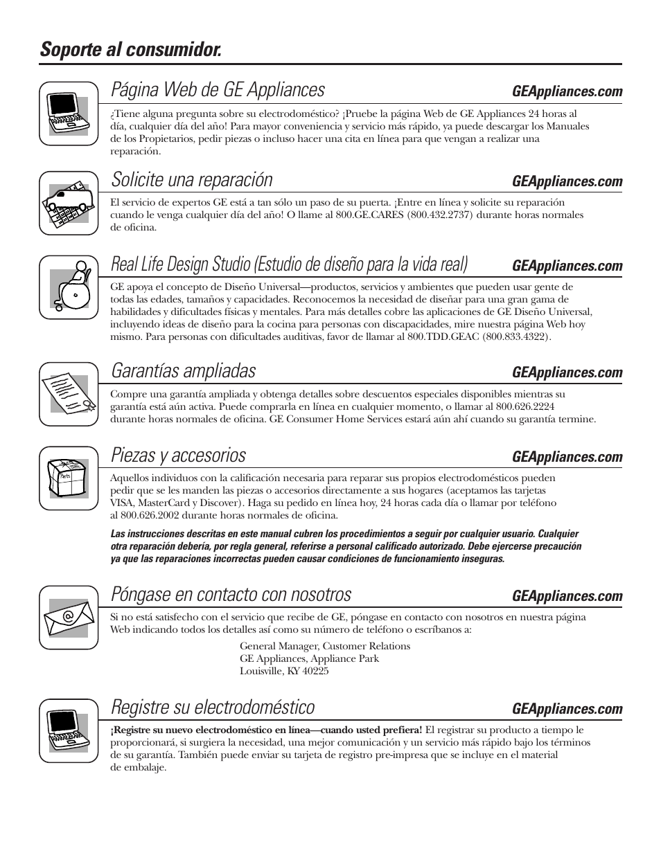 Soporte al consumidor, Soporte al consumidor. página web de ge appliances, Solicite una reparación | Garantías ampliadas, Piezas y accesorios, Póngase en contacto con nosotros, Registre su electrodoméstico | GE JKP7027 User Manual | Page 64 / 64