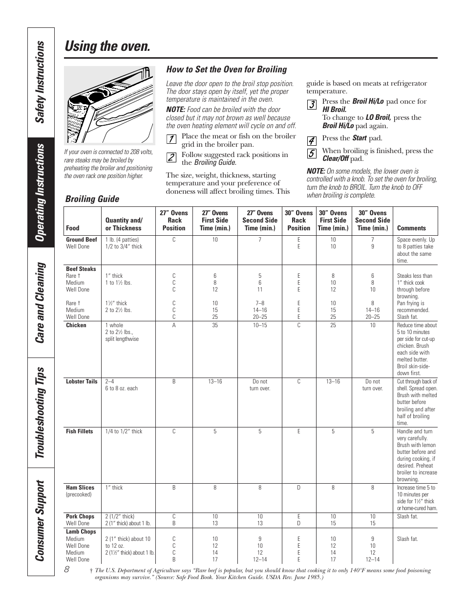 Using the oven, How to set the oven for broiling, Broiling guide | GE JKP7027 User Manual | Page 8 / 64