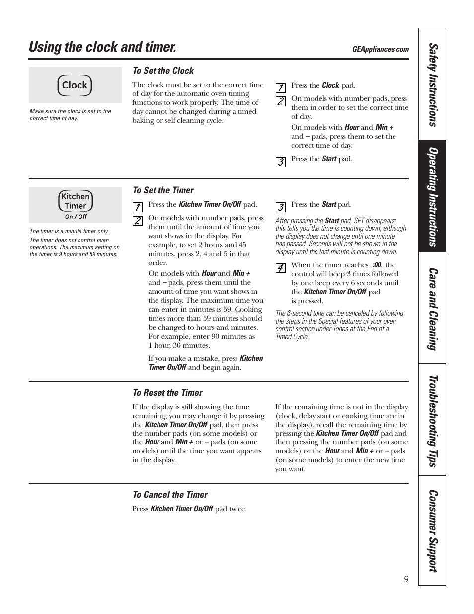 Clock and timer, Using the clock and timer | GE JKP7027 User Manual | Page 9 / 64