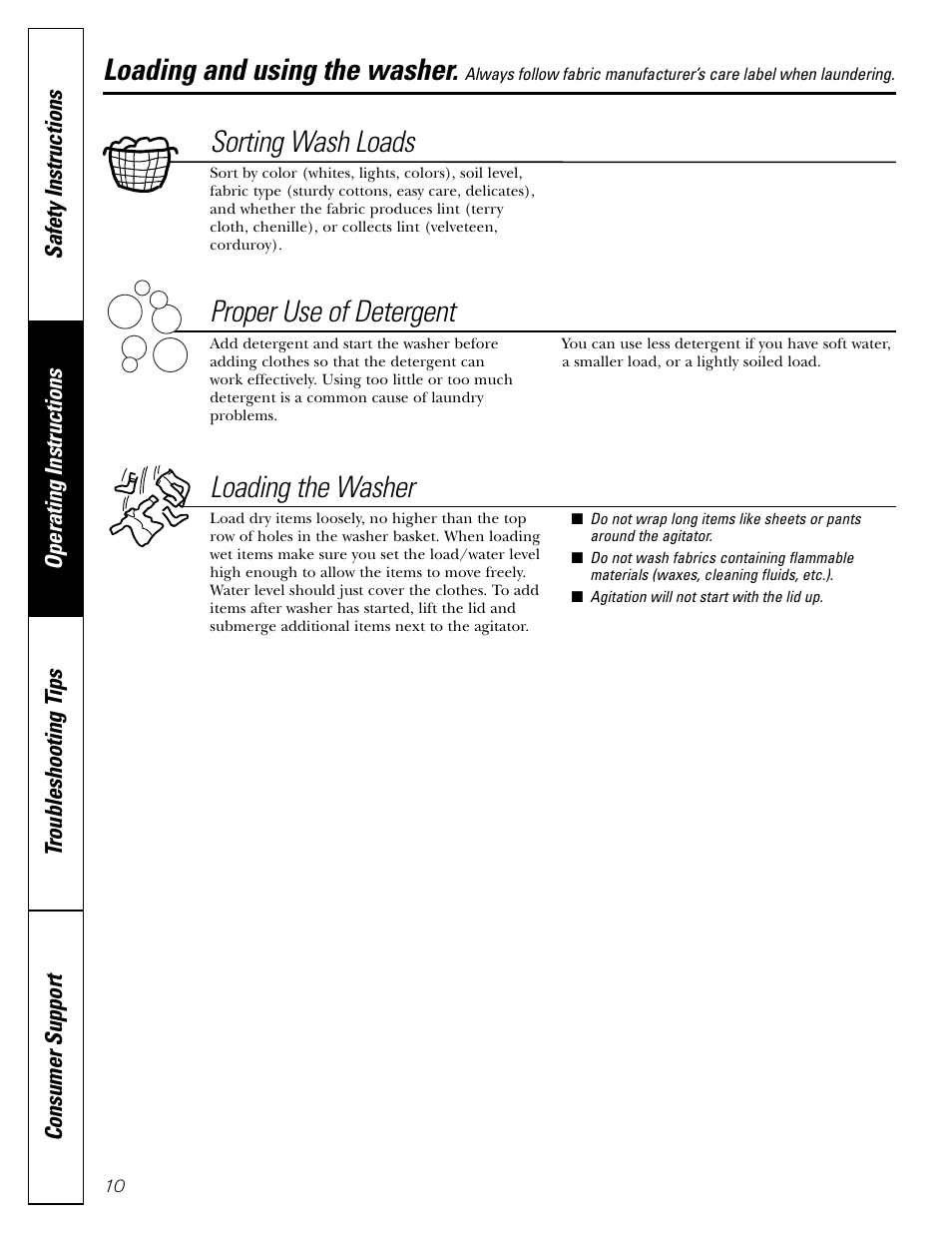 Loading and using the washer, Loading and using the washer , 11, Sorting wash loads | Proper use of detergent, Loading the washer | GE 49-90133 User Manual | Page 10 / 16
