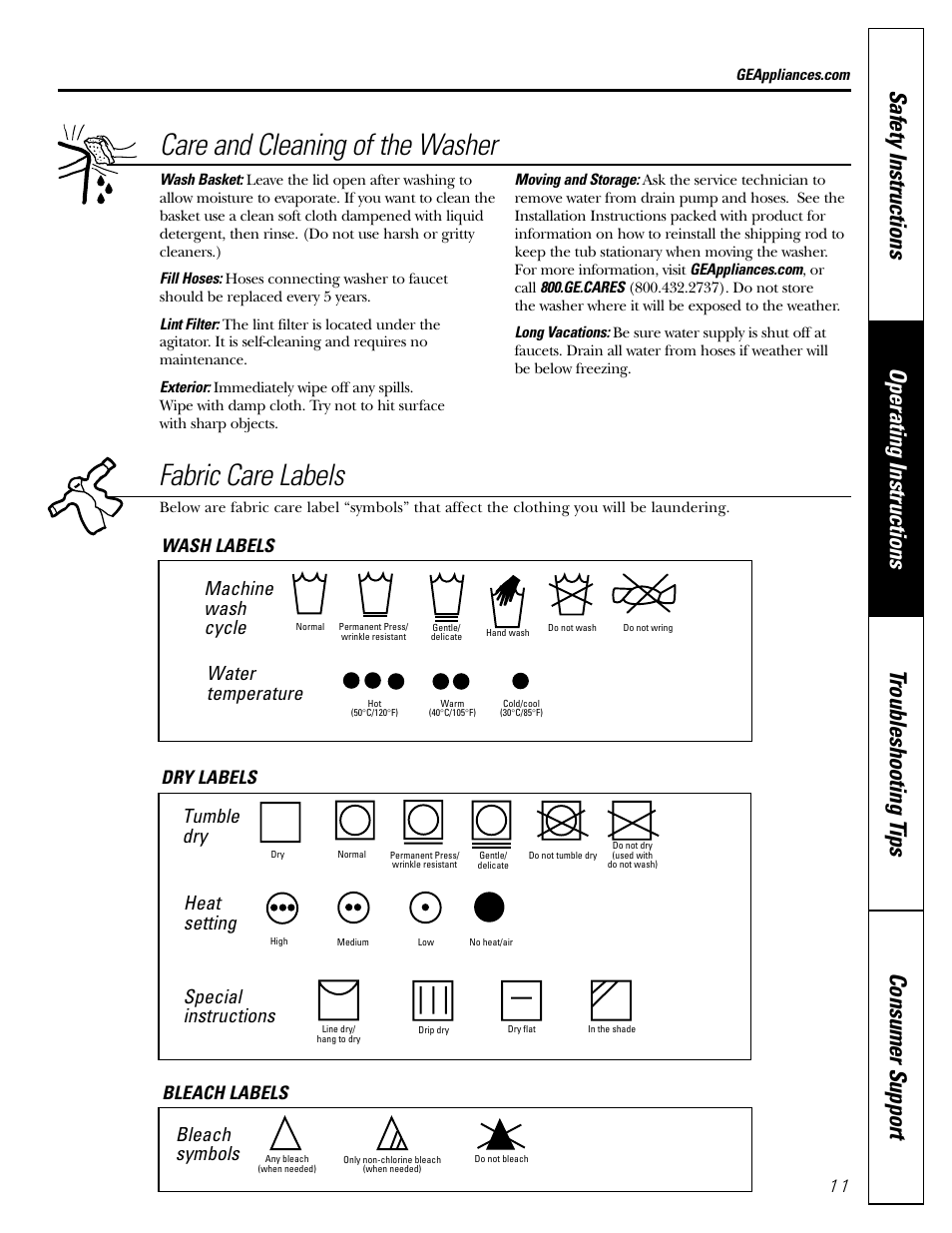 Care and cleaning of the washer, Fabric care labels, Machine wash cycle | Water temperature, Tumble dry, Heat setting, Special instructions, Bleach symbols, Wash labels dry labels bleach labels | GE 49-90133 User Manual | Page 11 / 16