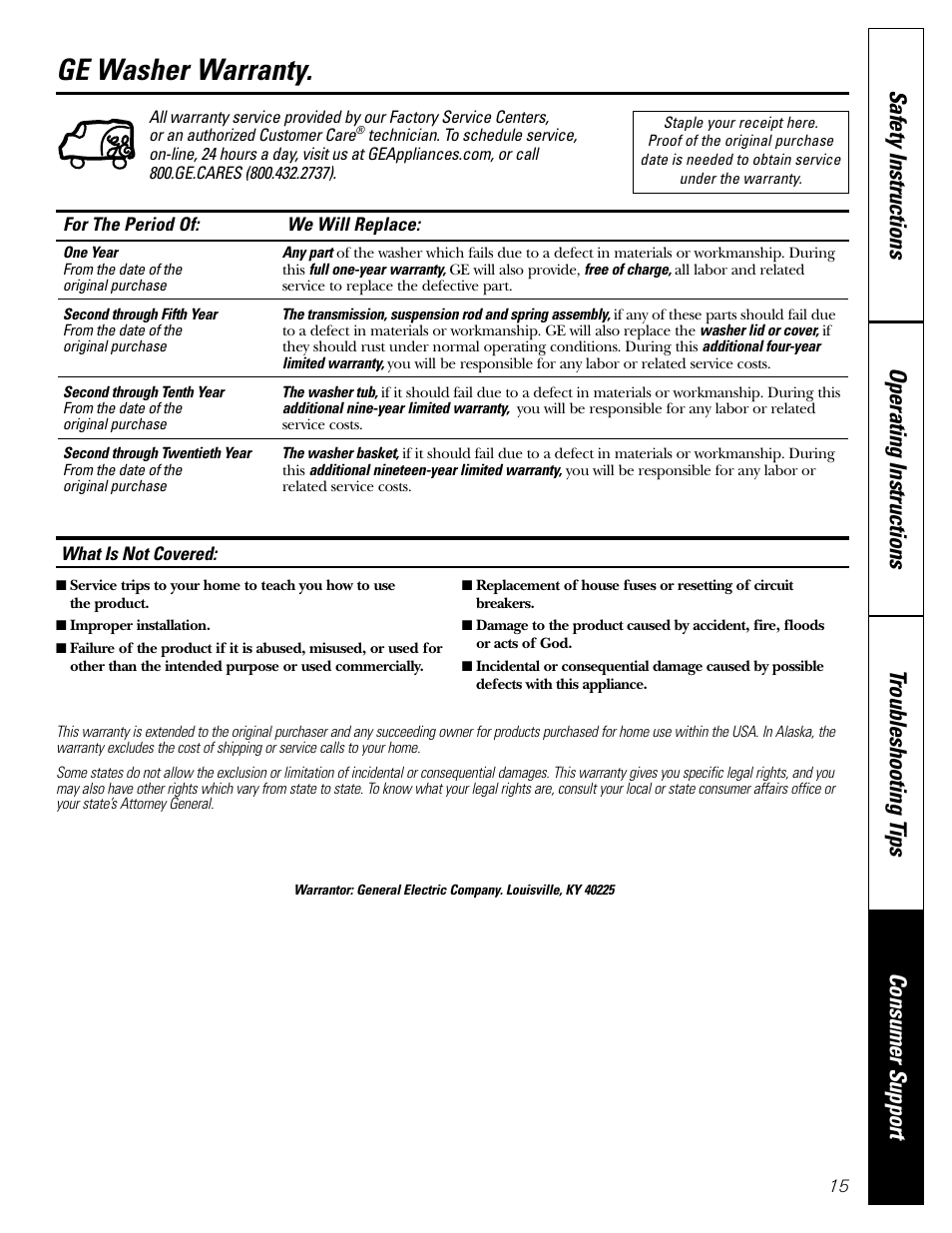 Warranty, Ge washer warranty | GE 49-90133 User Manual | Page 15 / 16