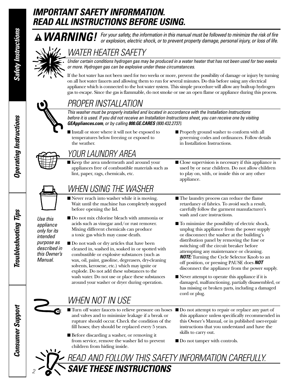 Safety instructions, Warning, Water heater safety | Proper installation, Your laundry area, When using the washer | GE 49-90133 User Manual | Page 2 / 16