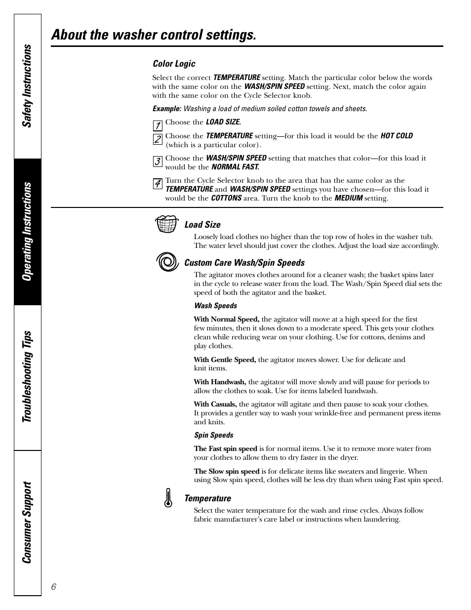 Control settings, Control settings , 7, 43 2 1 about the washer control settings | GE 49-90133 User Manual | Page 6 / 16