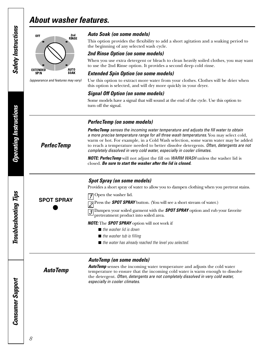 Features, Features , 9, About washer features | GE 49-90133 User Manual | Page 8 / 16