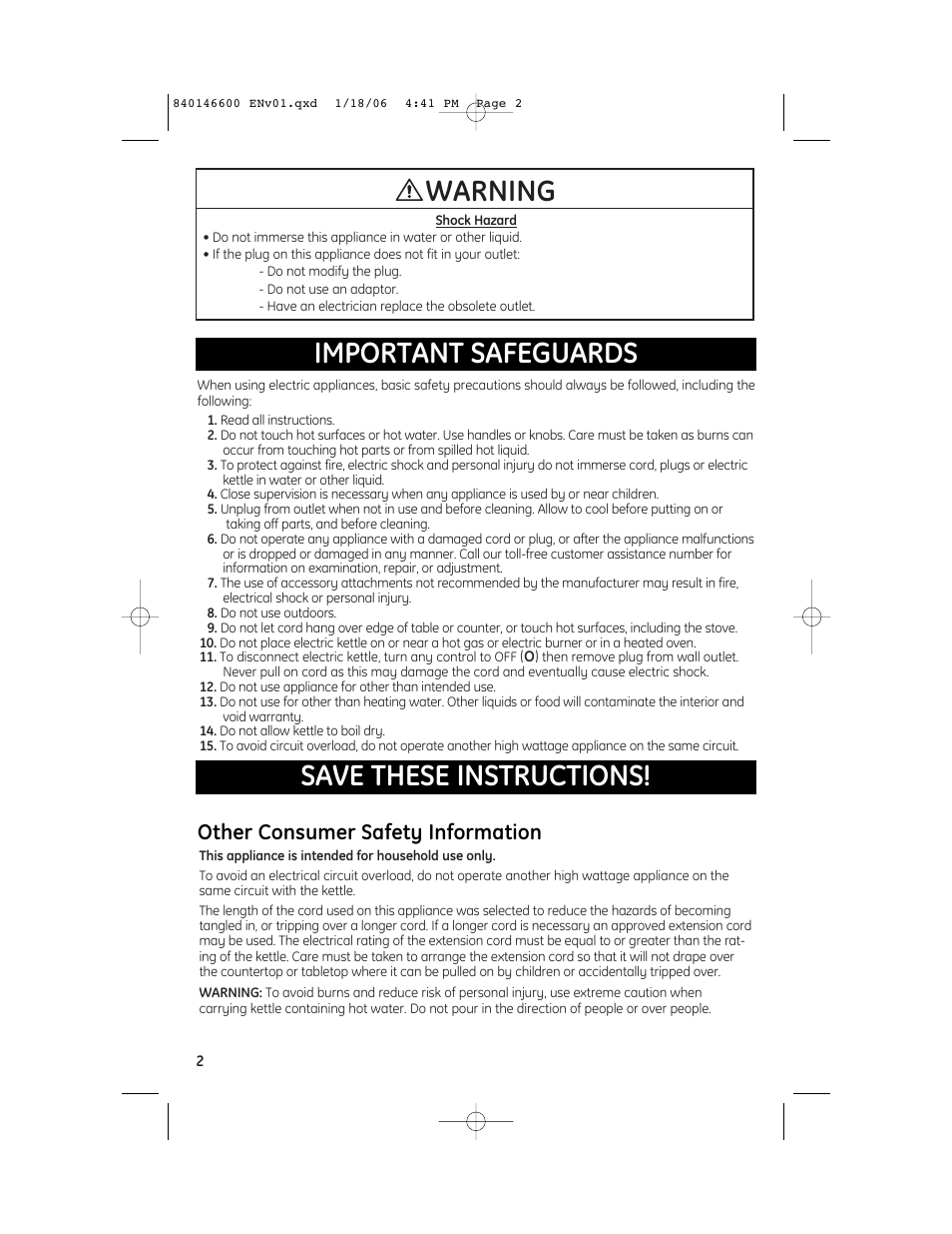 Other consumer safety information | GE 840146600 User Manual | Page 2 / 6