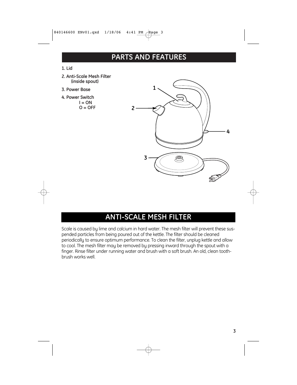 Parts and features anti-scale mesh filter | GE 840146600 User Manual | Page 3 / 6