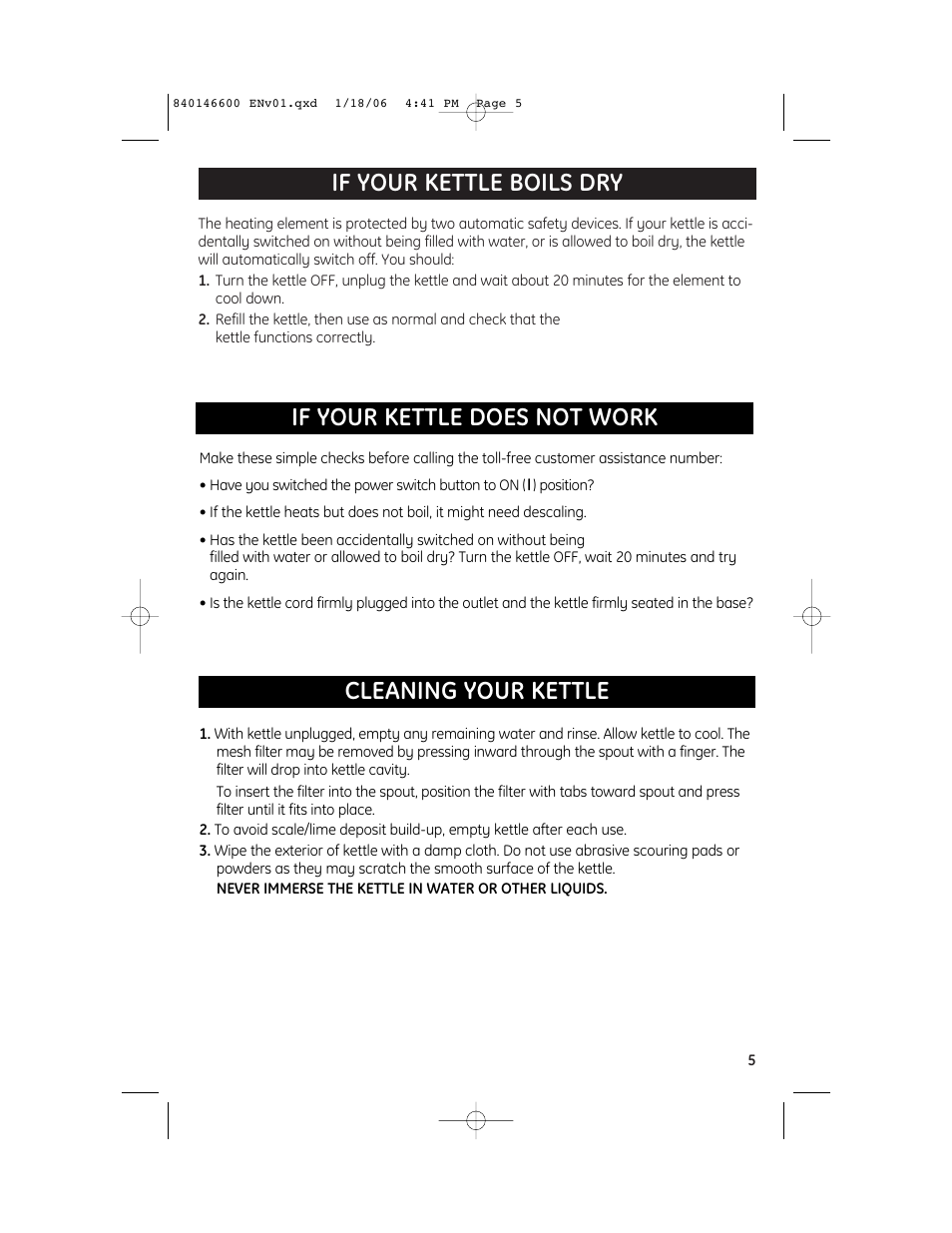 If your kettle boils dry, If your kettle does not work cleaning your kettle | GE 840146600 User Manual | Page 5 / 6