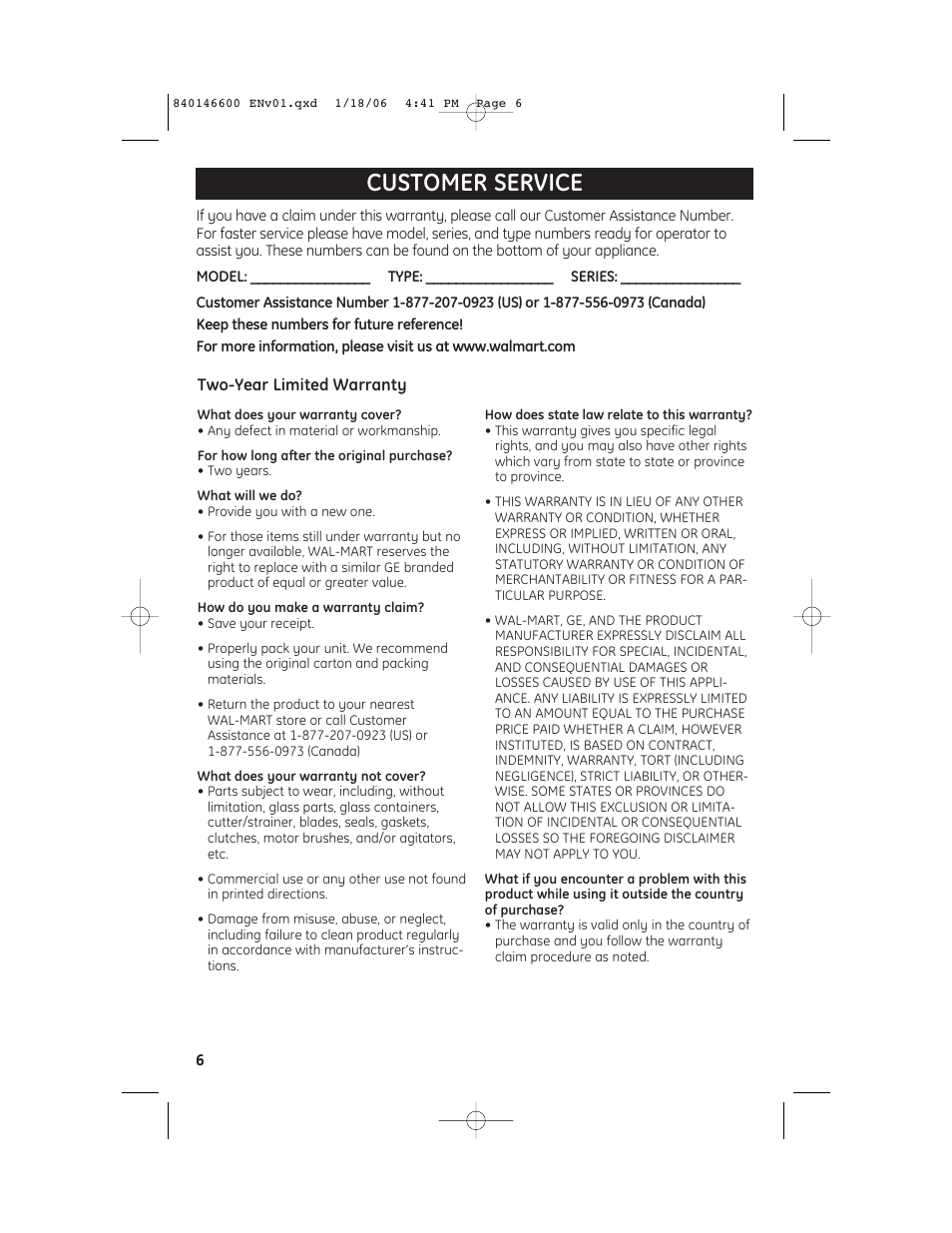 Customer service | GE 840146600 User Manual | Page 6 / 6
