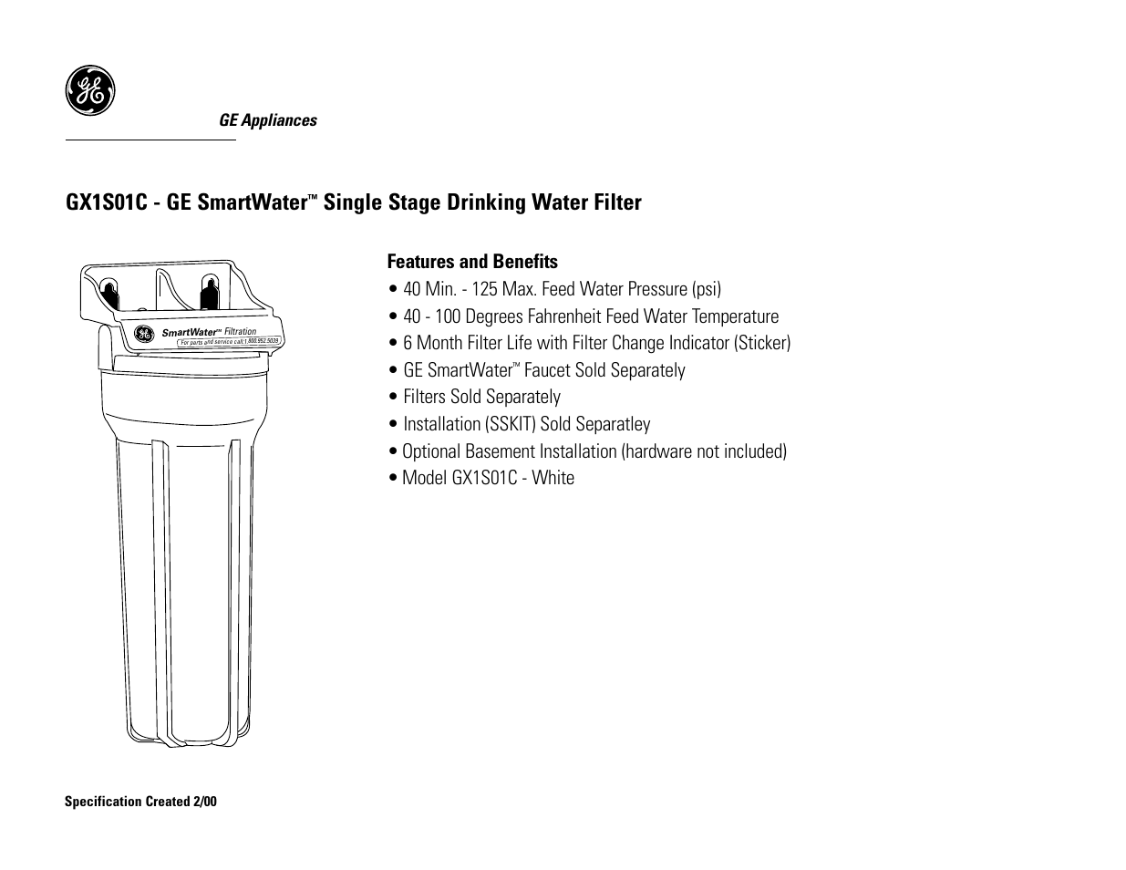 Gx1s01c - ge smartwater, Single stage drinking water filter | GE GX1S01C User Manual | Page 2 / 2