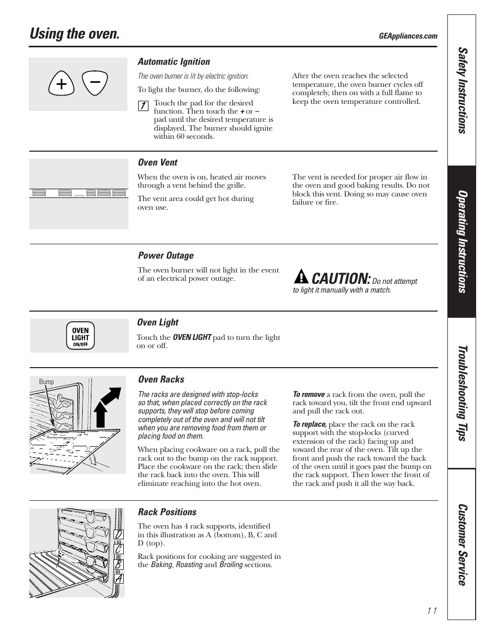Ignition, Light, Racks | Vent, Ignition light, Racks , 12, Using the oven, Caution | GE JGRP20 User Manual | Page 11 / 28