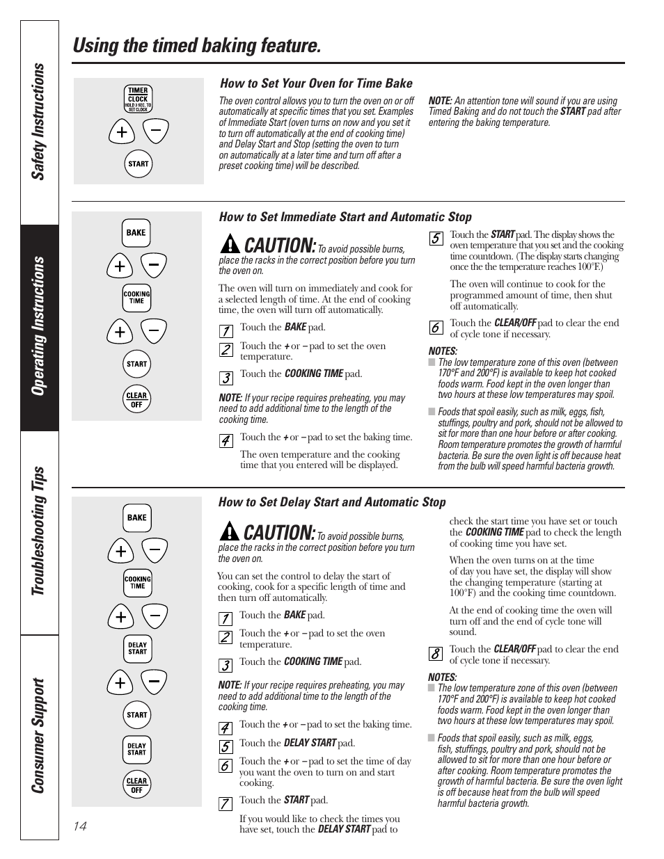 Timed baking, Caution, Using the timed baking feature | GE JGRP20 User Manual | Page 14 / 28