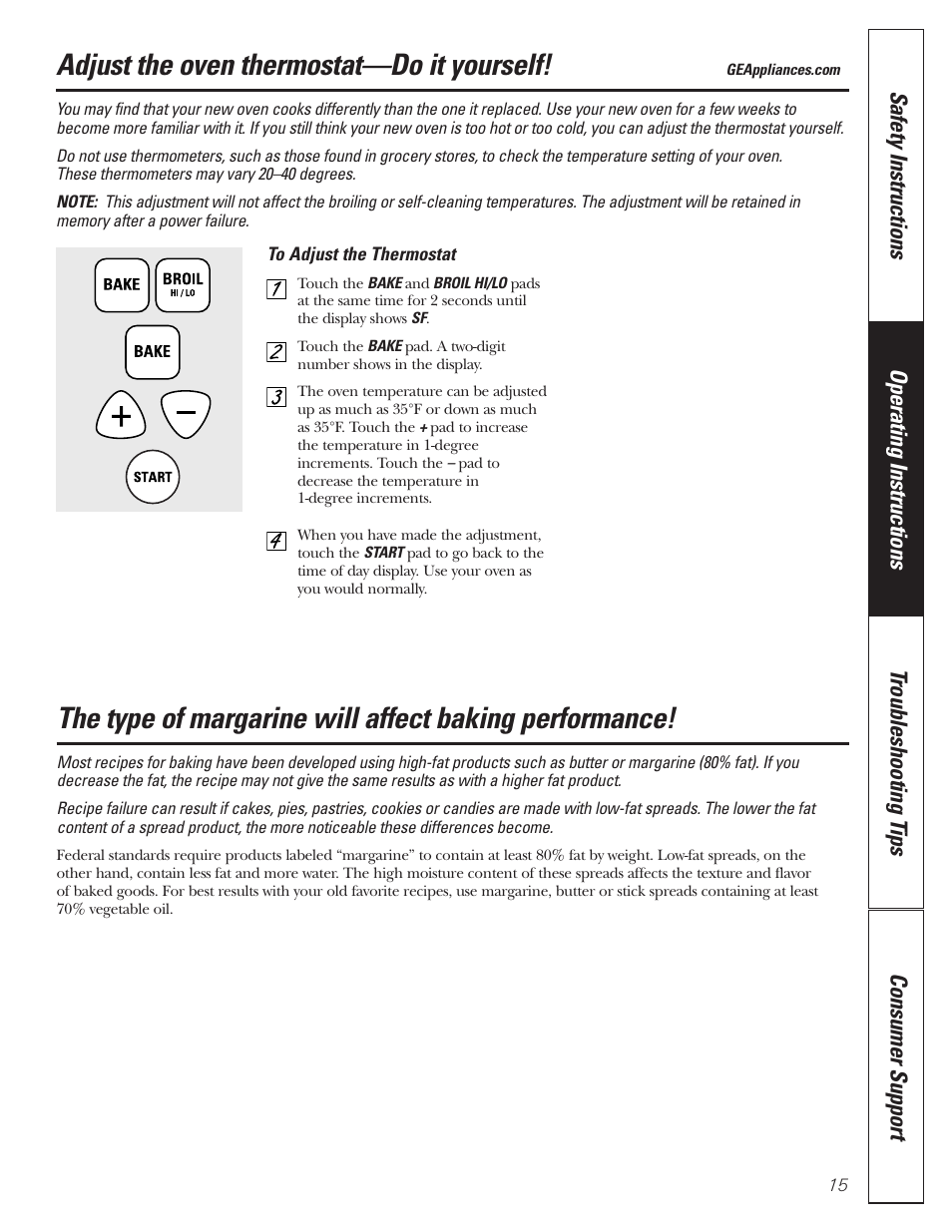 Type of margarine, Thermostat adjustment—do it yourself, Thermostat adjustment — do it yourself | Adjust the oven thermostat—do it yourself | GE JGRP20 User Manual | Page 15 / 28