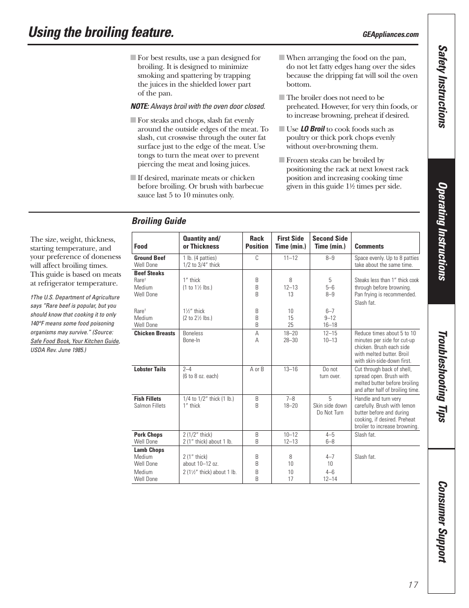 Using the broiling feature, Broiling guide | GE JGRP20 User Manual | Page 17 / 28