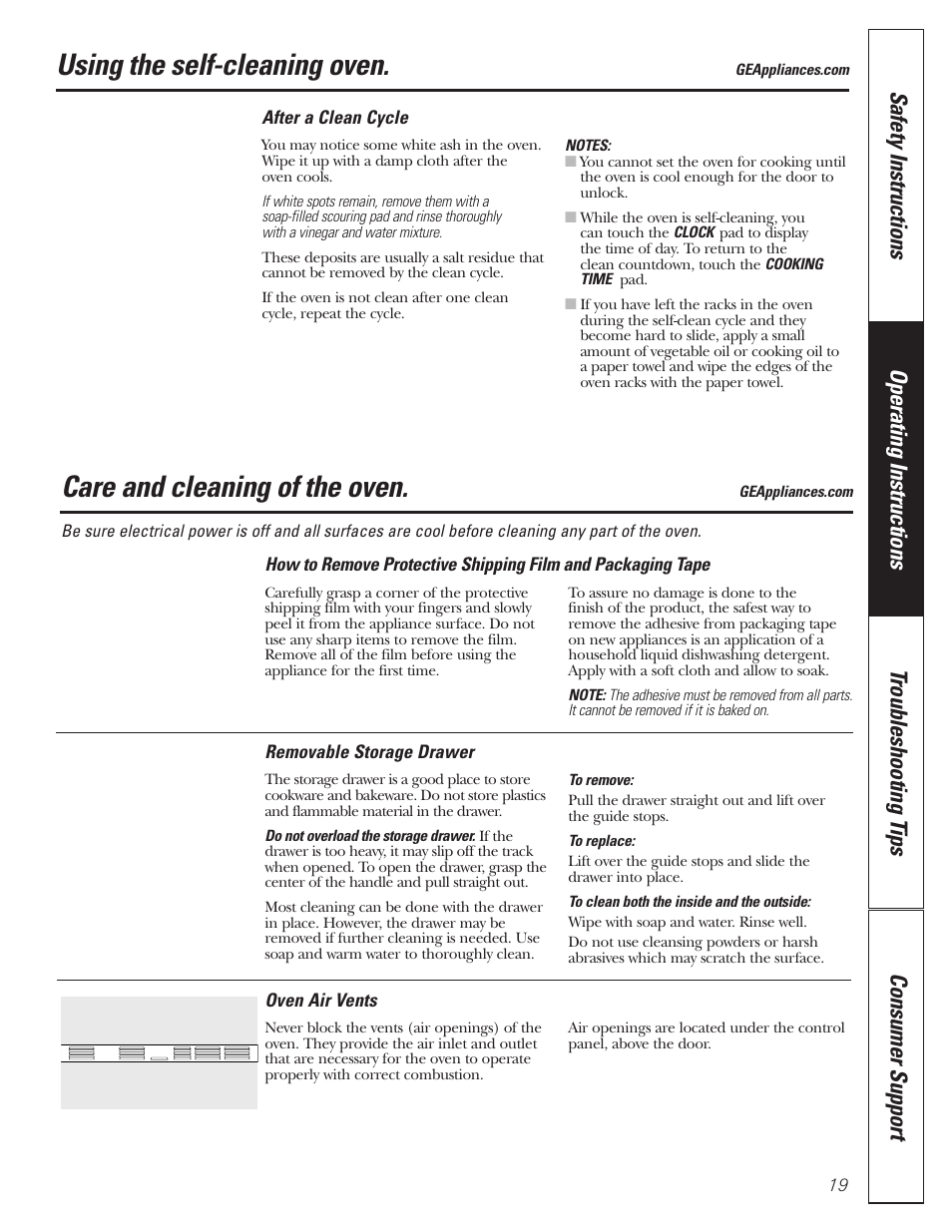 Oven vents, Storage drawer, Care and cleaning of the oven | Using the self-cleaning oven | GE JGRP20 User Manual | Page 19 / 28