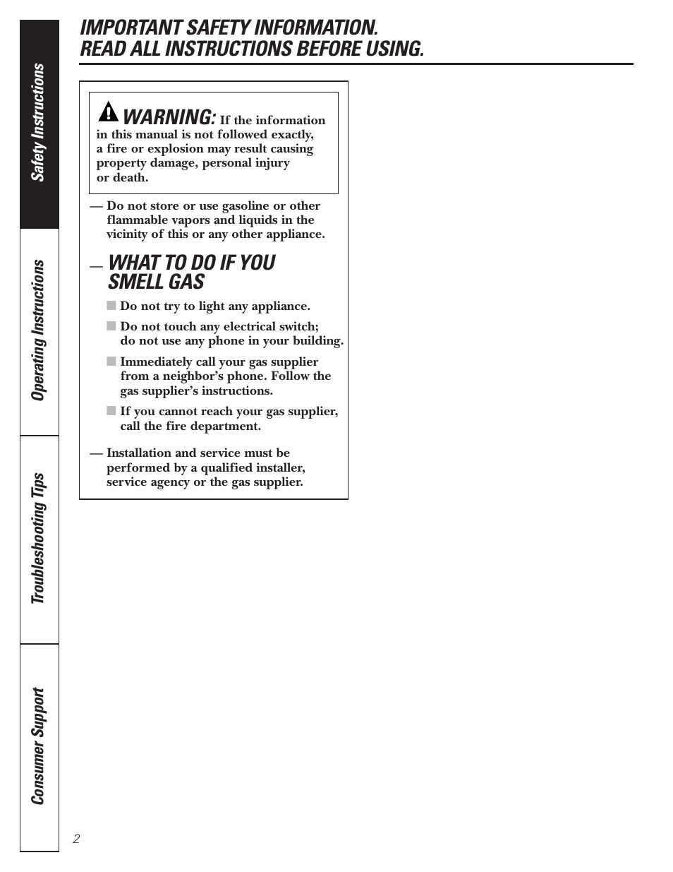 Safety instructions, What to do if you smell gas, Warning | GE JGRP20 User Manual | Page 2 / 28