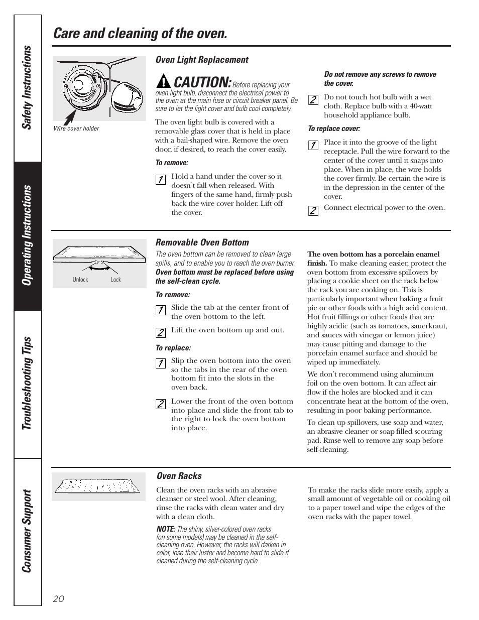 Light replacement, Oven bottom, Racks | Care and cleaning of the oven, Caution | GE JGRP20 User Manual | Page 20 / 28