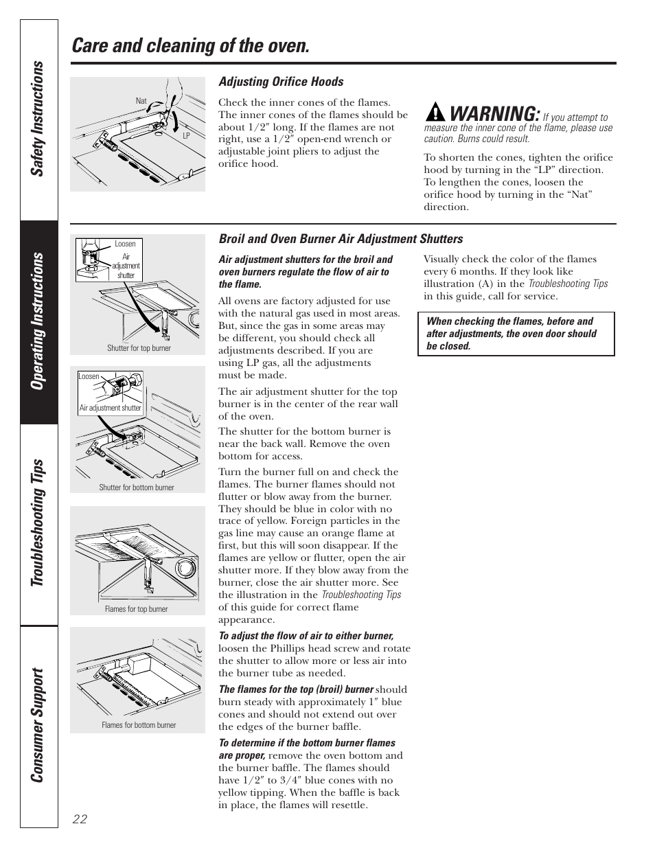 Burner air adjustment shutters, Orifice hood adjustment, Care and cleaning of the oven | Warning | GE JGRP20 User Manual | Page 22 / 28