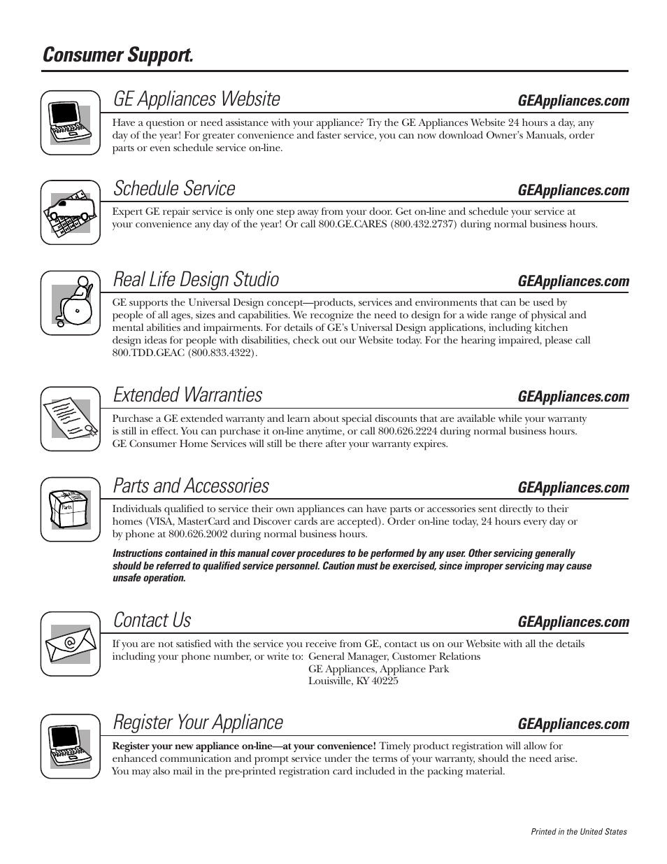Consumer support, Consumer support . . .back cover, Register your appliance | Consumer support. ge appliances website, Schedule service, Real life design studio, Extended warranties, Parts and accessories, Contact us | GE JGRP20 User Manual | Page 28 / 28