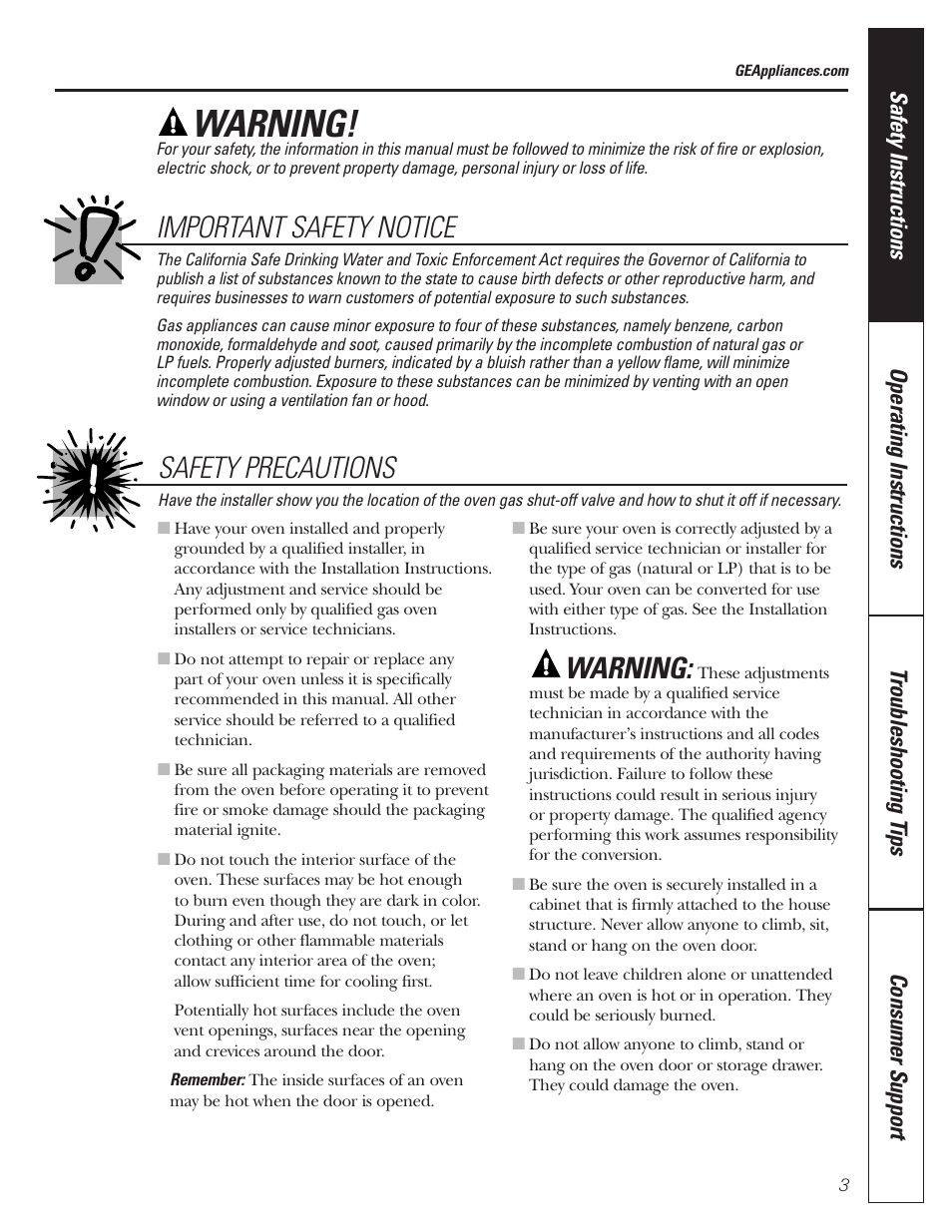Warning, Safety precautions important safety notice | GE JGRP20 User Manual | Page 3 / 28