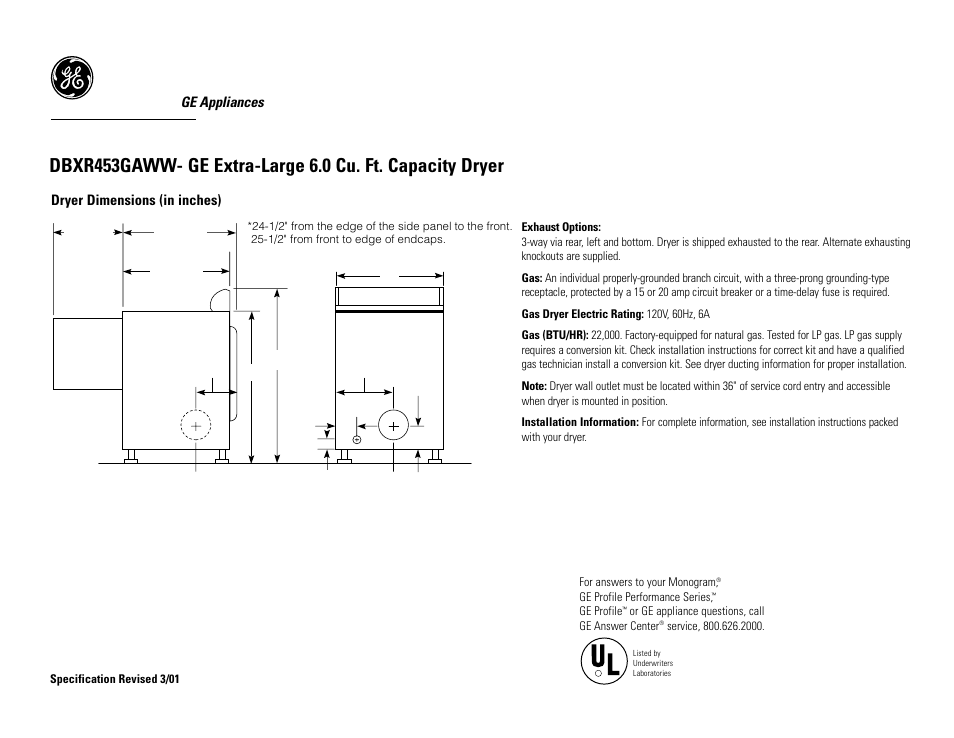 GE DBXR453EAAA User Manual | 3 pages