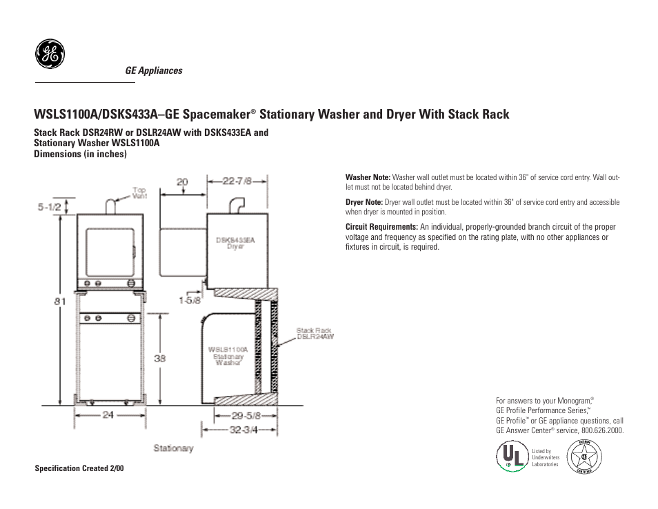 GE Spacemaker WSLS1100AWW User Manual | 3 pages