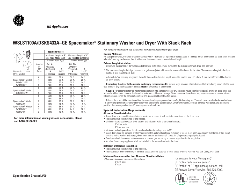 Stationary washer and dryer with stack rack, Ge appliances, Specification created 2/00 | Special installation requirements, For answers to your monogram, Ge profile performance series, Ge profile, Or ge appliance questions, call ge answer center | GE Spacemaker WSLS1100AWW User Manual | Page 2 / 3