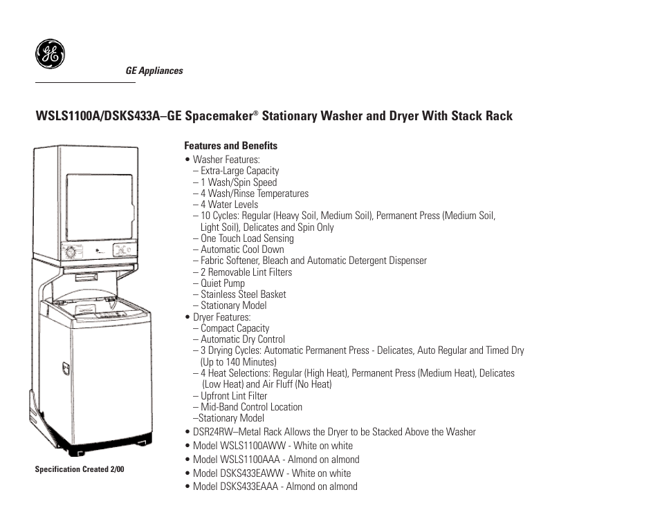 Stationary washer and dryer with stack rack | GE Spacemaker WSLS1100AWW User Manual | Page 3 / 3