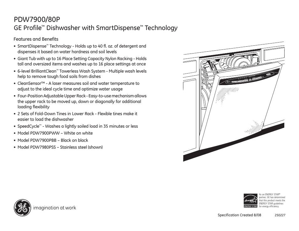 Ge profile, Dishwasher with smartdispense, Technology | Pdw7980pss | GE Profile PDW7980P User Manual | Page 2 / 2